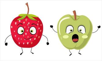 Cute and funny strawberry and apple. collection of cute fruits. Funny fruit characters. vector