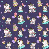 Birthaday party background in cartoon style. Seamless pattern with cute pony with horn vector