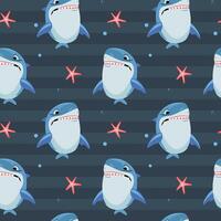 Funny angry shark character. Seamless pattern with cartoon sharks. Shark backgrounds. vector