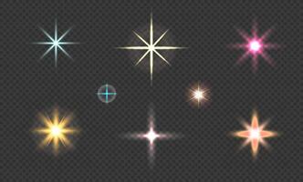 Glitter shining stars, glowing spark. Set of lighting effects. Flash. Light rays. Lens flares vector