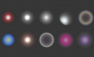 Lens flares. Set of round lighting effects. Flash. Glitter shining stars, glowing spark. Light beam. vector