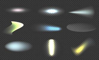 Set of lighting effects of flash. Shining glitter, glowing spark. Light beam. Lens flares, rays vector