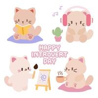 Happy Introvert Day. Cute Kawaii Cats Enjoying Hobbies. Kawaii Cats Celebrating Introvert Day. Adorable Illustrations. Cute Cat Characters and Hobbies. vector