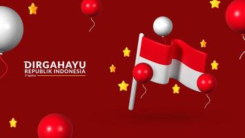 August 17th. Indonesian Independence Day Greeting Card. Waving Indonesian flag isolated on red background. Patriotic symbolic background. vector