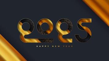 Happy new year 2025 number with pressed numbers. Premium happy new year 2025 with confetti on black background. Holiday greeting card design. vector