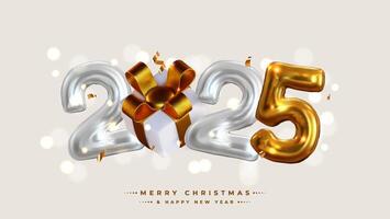 Happy New Year 2025. Realistic 3D image rendering, equipped with gift boxes, shiny gold and silver colored numbers. This is the perfect celebratory sign for your 2025 celebration. vector