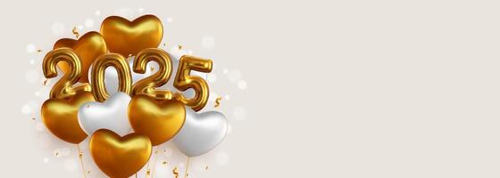 Happy New Year 2025 with realistic gold and white balloons. This backdrop includes the 2025 number symbol in a metallic look and hanging helium balloons, as well as sparkling gold confetti. vector