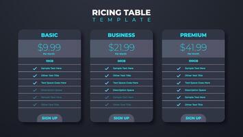 Business price chart template, Web banner checklist template design. Design a price list comparison table. vector