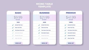 Business price chart template, Web banner checklist template design. Design a price list comparison table. vector