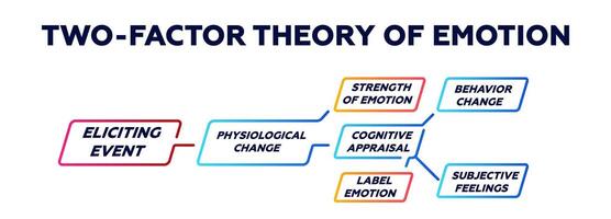 Two factor theory of emotion diagram. Process of emotional cognitive behavior and management vector