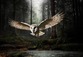 Barn owl flying in a dark forest, owl in flight photo