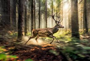 Deer running through a forest at sunset, blurred background, deer in motion photo