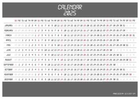 Linear Calendar 2025. Horizontal layout, page size A4, week starts on Sunday, English vector