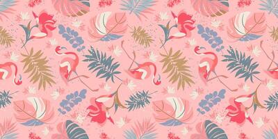 Seamless pattern with tropical plants and flamingos. vector