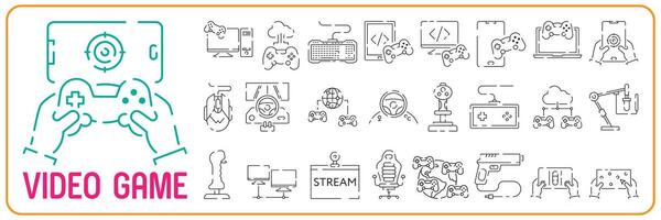 Games line icon set. Game genres and attributes. Controller, joystick and computer. Game console. vector
