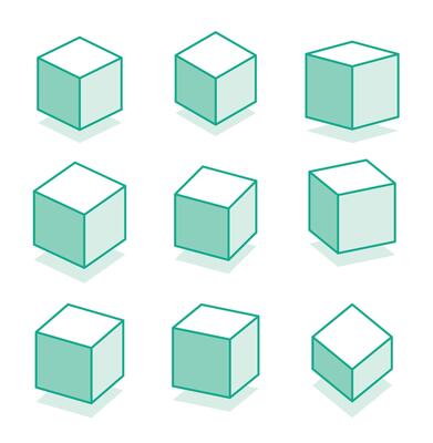 3d cubes in different isometric projections. Outline objects isolated on white background.