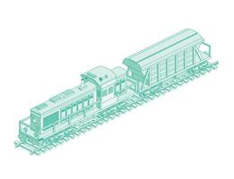 Isometric locomotive with hopper car. Railway. Object isolated on white background. Industrial transportation. Diesel freight train on rails. vector