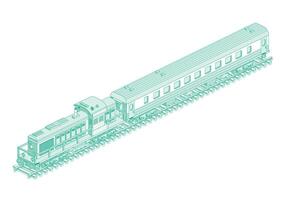 Isometric locomotive with passenger railroad car. Railway. Object isolated on white background. Outline passenger carriage. Railway. Wagon on rails. vector