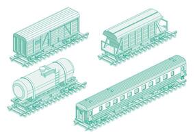 Isometric freight railroad, hopper car, railroad tank car and passenger railroad car. Object isolated on white background. Railway. Wagon on rails. Industrial transportation. vector