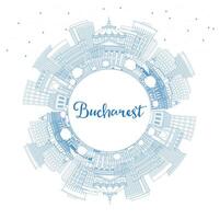 Outline Bucharest Romania City Skyline with Blue Buildings and Copy Space. Bucharest Cityscape with Landmarks. Business Travel and Tourism Concept with Historic Architecture. vector