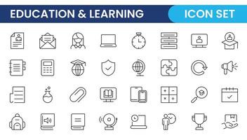 Education line icon collection. Contains knowledge, college, task list, design, training, idea, teacher, file, graduation hat, institute, ruler, and telescope. Education set of web icons in style. vector