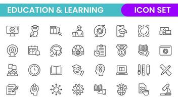 Education line icon collection. Contains knowledge, college, task list, design, training, idea, teacher, file, graduation hat, institute, ruler, and telescope. Education set of web icons in style. vector