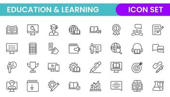 Education line icon collection. Contains knowledge, college, task list, design, training, idea, teacher, file, graduation hat, institute, ruler, and telescope. Education set of web icons in style. vector