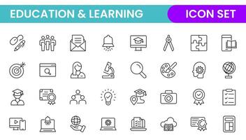 Education line icon collection. Contains knowledge, college, task list, design, training, idea, teacher, file, graduation hat, institute, ruler, and telescope. Education set of web icons in style. vector