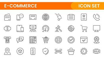 E-Commerce set of web icons in line style. Online shopping icons for web and mobile app. Business, mobile shop, digital marketing, bank card, gifts, sale, delivery. vector