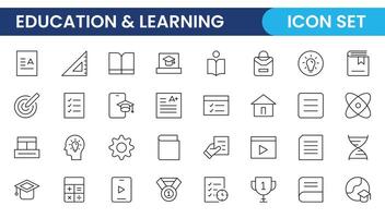 Education line icon collection. Contains knowledge, college, task list, design, training, idea, teacher, file, graduation hat, institute, ruler, and telescope. Education set of web icons in style. vector