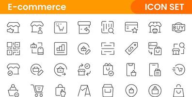E-Commerce set of web icons in line style. Online shopping icons for web and mobile app. Business, mobile shop, digital marketing, bank card, gifts, sale, delivery. vector