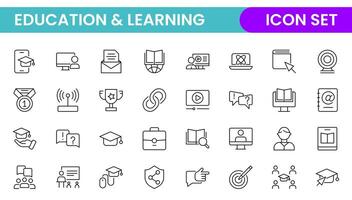 Education line icon collection. Contains knowledge, college, task list, design, training, idea, teacher, file, graduation hat, institute, ruler, and telescope. Education set of web icons in style. vector
