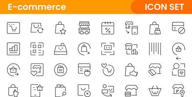 E-Commerce set of web icons in line style. Online shopping icons for web and mobile app. Business, mobile shop, digital marketing, bank card, gifts, sale, delivery. vector