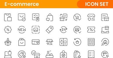 E-Commerce set of web icons in line style. Online shopping icons for web and mobile app. Business, mobile shop, digital marketing, bank card, gifts, sale, delivery. vector
