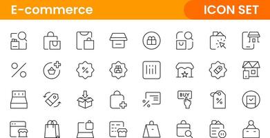 E-Commerce set of web icons in line style. Online shopping icons for web and mobile app. Business, mobile shop, digital marketing, bank card, gifts, sale, delivery. vector
