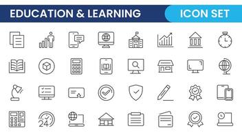 Education line icon collection. Contains knowledge, college, task list, design, training, idea, teacher, file, graduation hat, institute, ruler, and telescope. Education set of web icons in style. vector