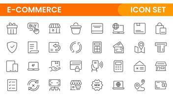 E-Commerce set of web icons in line style. Online shopping icons for web and mobile app. Business, mobile shop, digital marketing, bank card, gifts, sale, delivery. vector