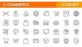E-Commerce set of web icons in line style. Online shopping icons for web and mobile app. Business, mobile shop, digital marketing, bank card, gifts, sale, delivery. vector