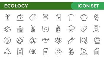 Ecology icon set. Environment, sustainability, nature, recycle, renewable energy, electric bike, eco-friendly, forest, wind power, green symbol. Solid icons collection. vector