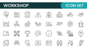 Set of Workshop and Coaching line icons. Outline icon collection related to training, coaching, mentoring, education, meetings, conferences, and teamwork. vector