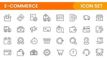 E-Commerce set of web icons in line style. Online shopping icons for web and mobile app. Business, mobile shop, digital marketing, bank card, gifts, sale, delivery. vector