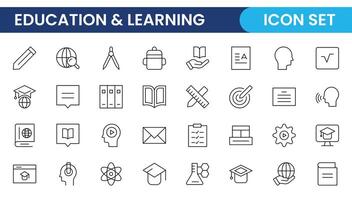 Education line icon collection. Contains knowledge, college, task list, design, training, idea, teacher, file, graduation hat, institute, ruler, and telescope. Education set of web icons in style. vector