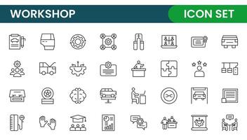 Set of Workshop and Coaching line icons. Outline icon collection related to training, coaching, mentoring, education, meetings, conferences, and teamwork. vector