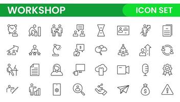 Set of Workshop and Coaching line icons. Outline icon collection related to training, coaching, mentoring, education, meetings, conferences, and teamwork. vector