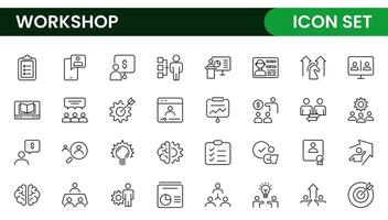 Set of Workshop and Coaching line icons. Outline icon collection related to training, coaching, mentoring, education, meetings, conferences, and teamwork. vector