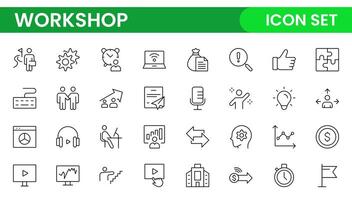Set of Workshop and Coaching line icons. Outline icon collection related to training, coaching, mentoring, education, meetings, conferences, and teamwork. vector