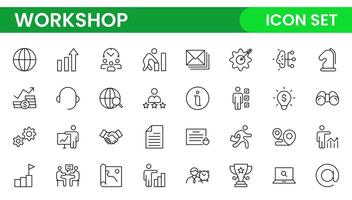 Set of Workshop and Coaching line icons. Outline icon collection related to training, coaching, mentoring, education, meetings, conferences, and teamwork. vector