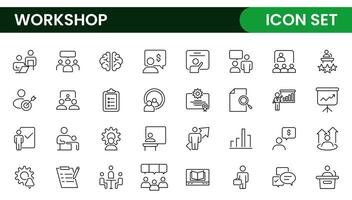 Set of Workshop and Coaching line icons. Outline icon collection related to training, coaching, mentoring, education, meetings, conferences, and teamwork. vector