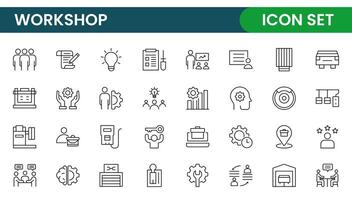 Set of Workshop and Coaching line icons. Outline icon collection related to training, coaching, mentoring, education, meetings, conferences, and teamwork. vector