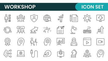 Set of Workshop and Coaching line icons. Outline icon collection related to training, coaching, mentoring, education, meetings, conferences, and teamwork. vector
